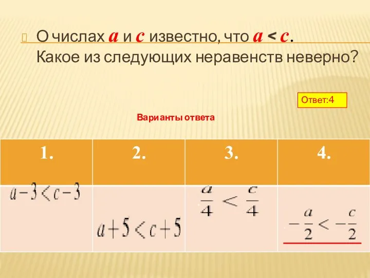 О числах a и c известно, что a Варианты ответа Ответ:4