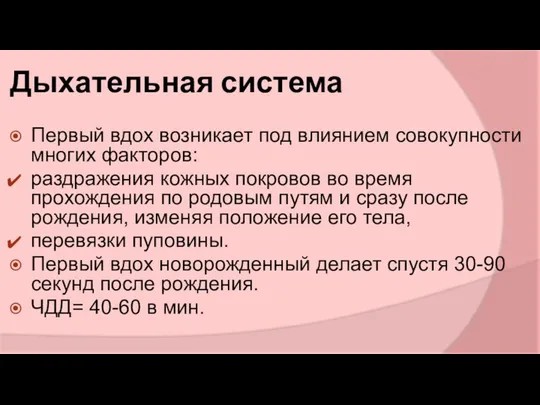 Дыхательная система Первый вдох возникает под влиянием совокупности многих факторов: раздражения