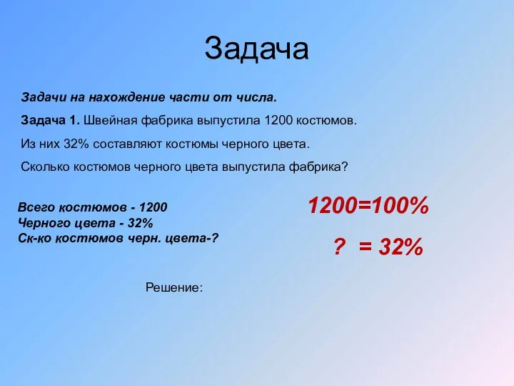 Задача Задачи на нахождение части от числа. Задача 1. Швейная фабрика