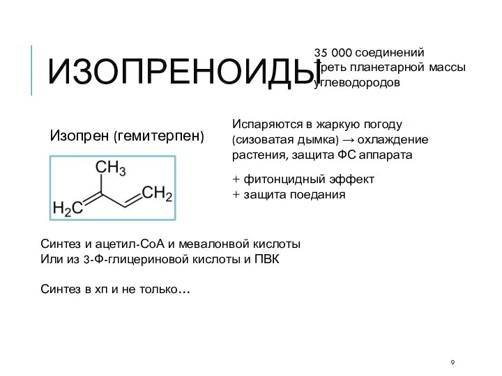 ИЗОПРЕНОИДЫ Изопрен (гемитерпен) Испаряются в жаркую погоду (сизоватая дымка) → охлаждение