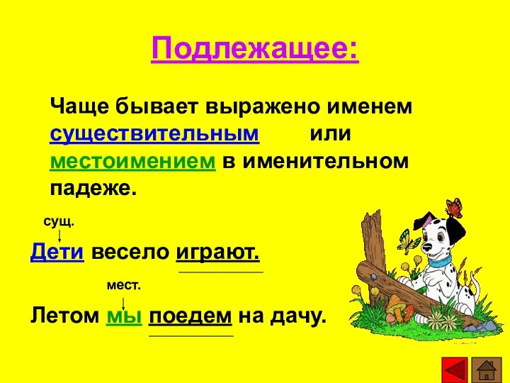 Подлежащее: Чаще бывает выражено именем существительным или местоимением в именительном падеже.