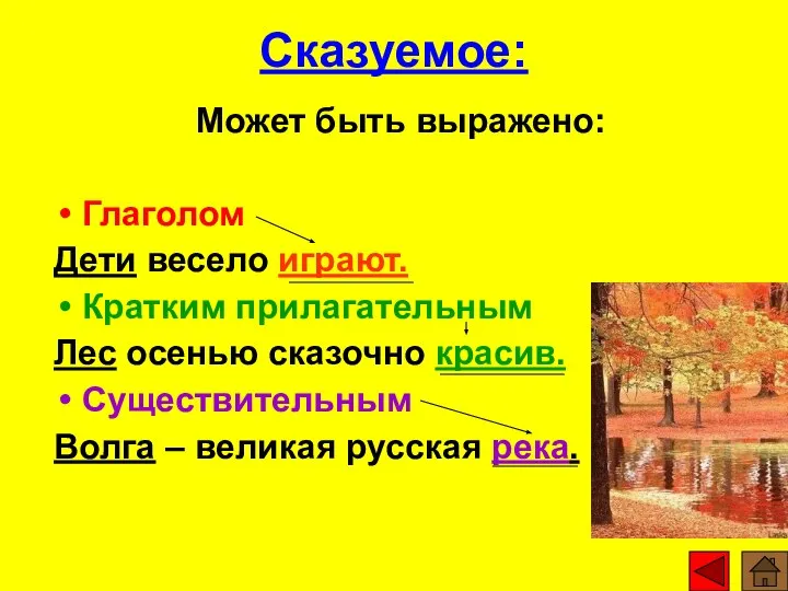 Сказуемое: Может быть выражено: Глаголом Дети весело играют. Кратким прилагательным Лес