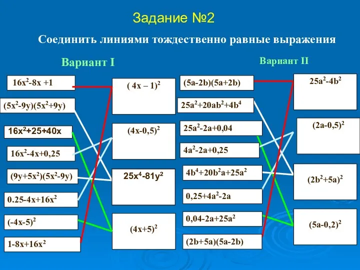 Вариант II Вариант I Соединить линиями тождественно равные выражения 16x2-8x +1