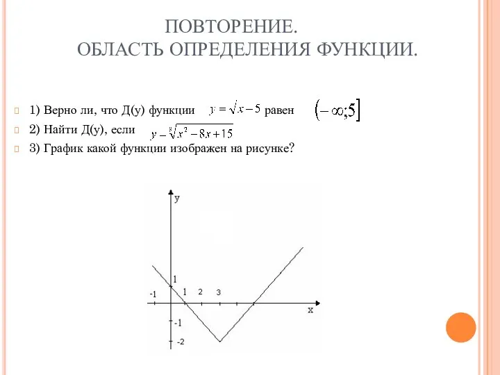 ПОВТОРЕНИЕ. ОБЛАСТЬ ОПРЕДЕЛЕНИЯ ФУНКЦИИ. 1) Верно ли, что Д(у) функции равен