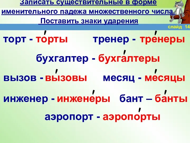 Записать существительные в форме именительного падежа множественного числа. Поставить знаки ударения