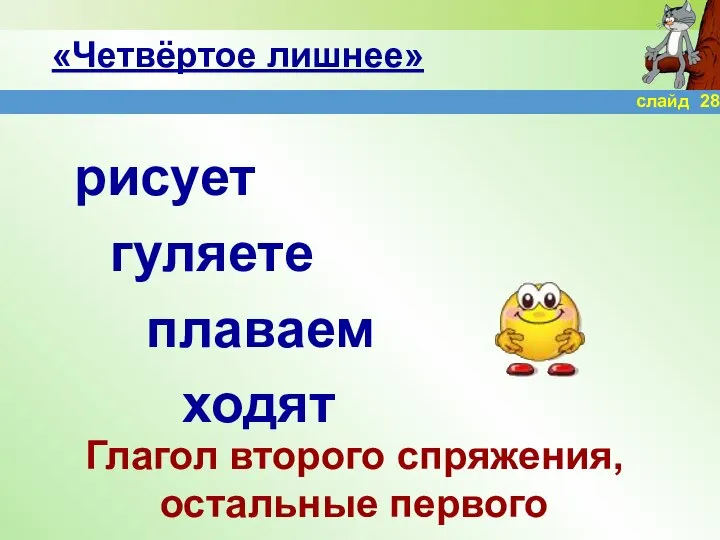 «Четвёртое лишнее» рисует гуляете плаваем ходят Глагол второго спряжения, остальные первого слайд 28