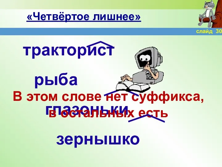 «Четвёртое лишнее» тракторист рыба глазоньки зернышко В этом слове нет суффикса, в остальных есть слайд 30