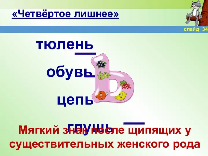 «Четвёртое лишнее» тюлень обувь цепь глушь Мягкий знак после щипящих у существительных женского рода слайд 34