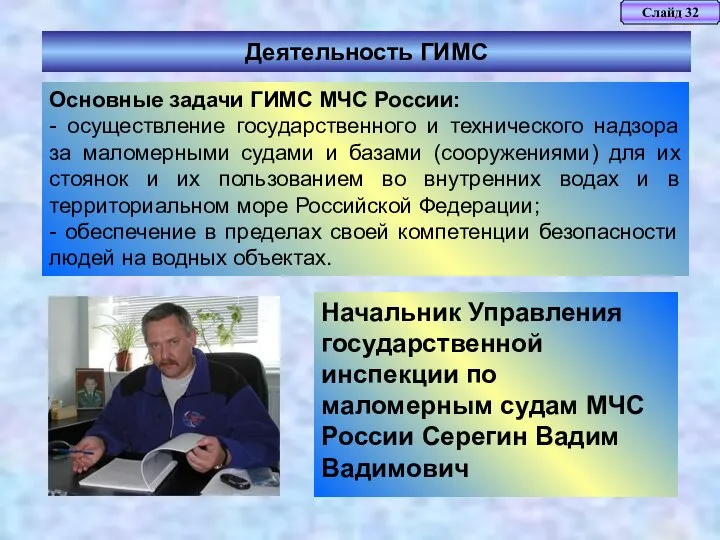 Слайд 32 Деятельность ГИМС Начальник Управления государственной инспекции по маломерным судам