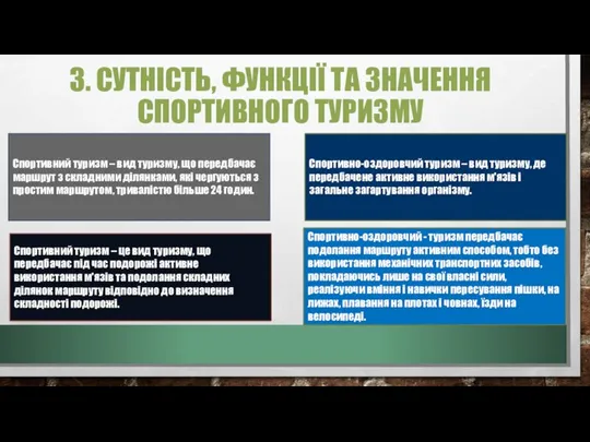 3. СУТНІСТЬ, ФУНКЦІЇ ТА ЗНАЧЕННЯ СПОРТИВНОГО ТУРИЗМУ Спортивний туризм – вид