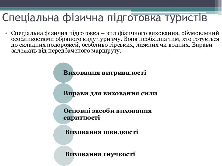 Спеціальна фізична підготовка туристів Спеціальна фізична підготовка – вид фізичного виховання,