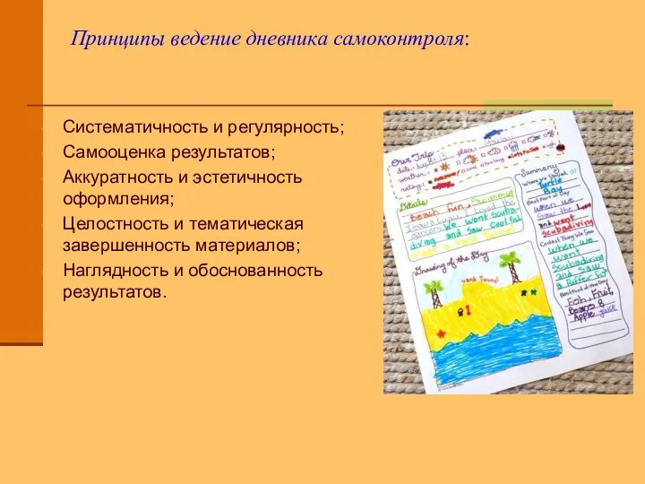 Принципы ведение дневника самоконтроля: Систематичность и регулярность; Самооценка результатов; Аккуратность и