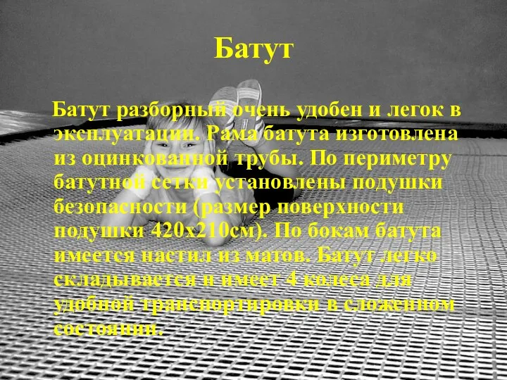 Батут Батут разборный очень удобен и легок в эксплуатации. Рама батута