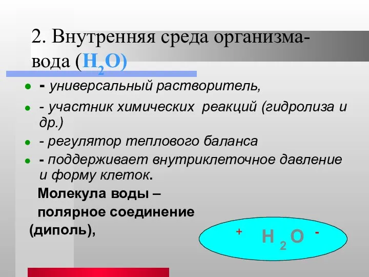 2. Внутренняя среда организма- вода (Н2О) - универсальный растворитель, - участник