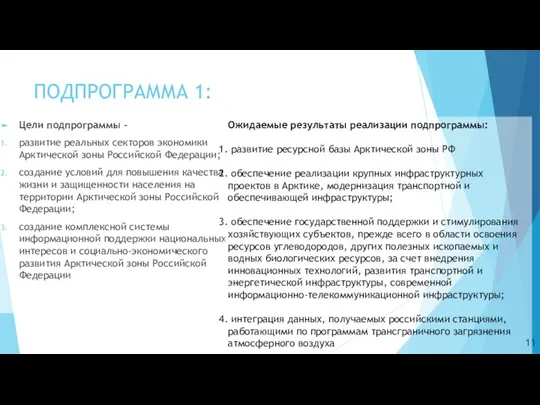 ПОДПРОГРАММА 1: Цели подпрограммы – развитие реальных секторов экономики Арктической зоны