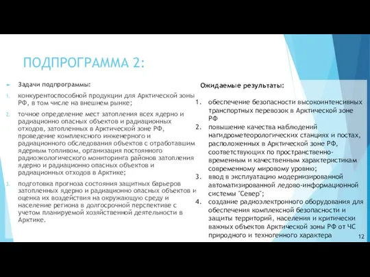 ПОДПРОГРАММА 2: Задачи подпрограммы: конкурентоспособной продукции для Арктической зоны РФ, в