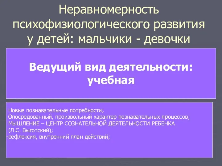 Неравномерность психофизиологического развития у детей: мальчики - девочки Ведущий вид деятельности: