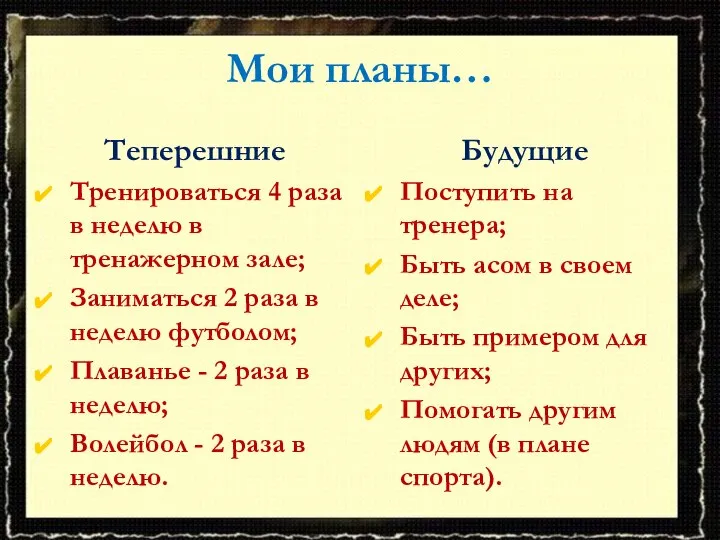 Будущие Поступить на тренера; Быть асом в своем деле; Быть примером