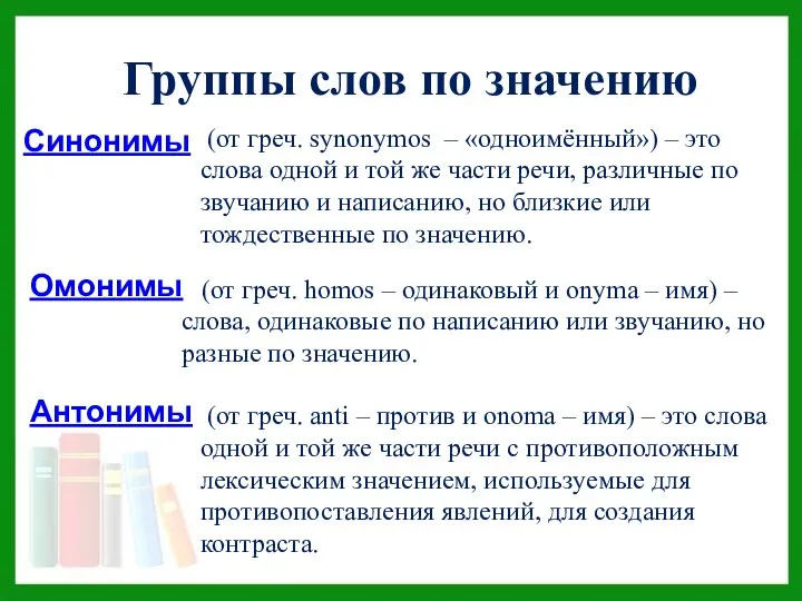 Группы слов по значению Синонимы Омонимы Антонимы (от греч. synonymos –