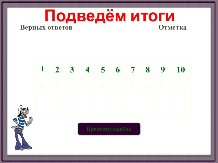 Подведём итоги Верных ответов Отметка Просмотр ошибок в в в в