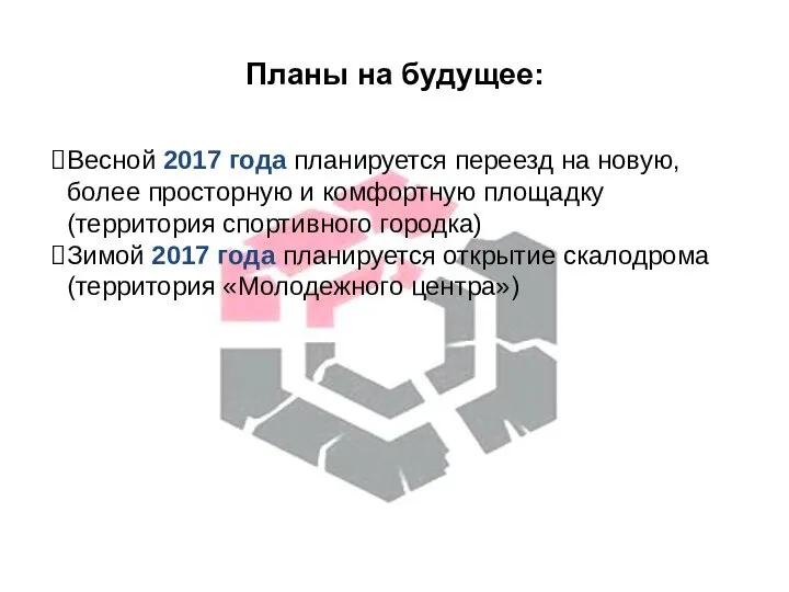 Планы на будущее: Весной 2017 года планируется переезд на новую, более