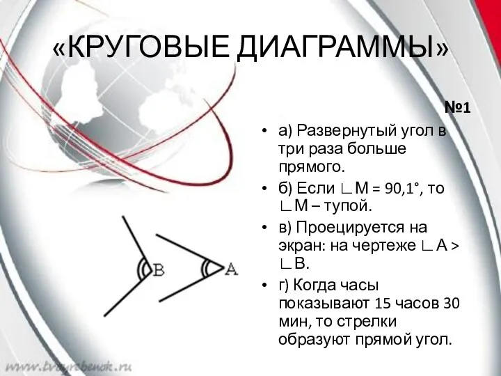 «КРУГОВЫЕ ДИАГРАММЫ» №1 а) Развернутый угол в три раза больше прямого.