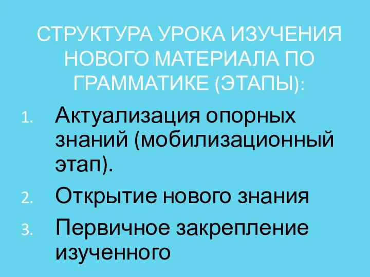 СТРУКТУРА УРОКА ИЗУЧЕНИЯ НОВОГО МАТЕРИАЛА ПО ГРАММАТИКЕ (ЭТАПЫ): Актуализация опорных знаний