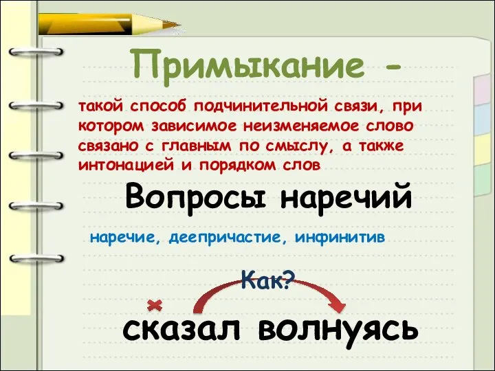 Примыкание - такой способ подчинительной связи, при котором зависимое неизменяемое слово