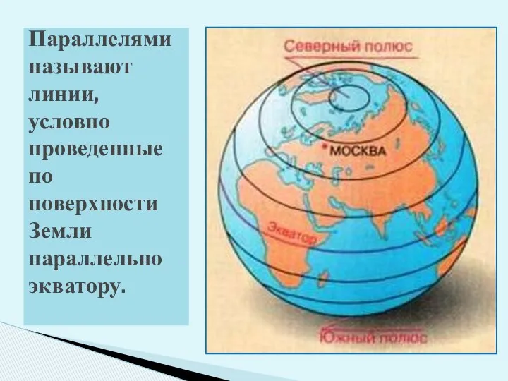 Параллелями называют линии, условно проведенные по поверхности Земли параллельно экватору.