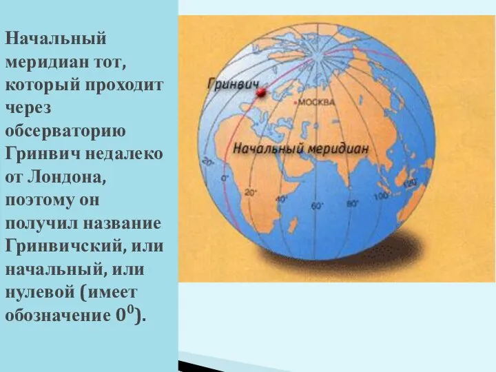 Начальный меридиан тот, который проходит через обсерваторию Гринвич недалеко от Лондона,