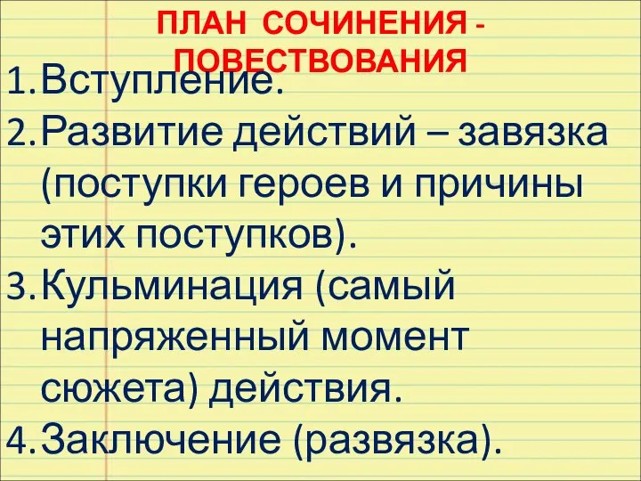 ПЛАН СОЧИНЕНИЯ - ПОВЕСТВОВАНИЯ Вступление. Развитие действий – завязка (поступки героев