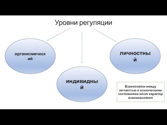 Уровни регуляции организмический индивидный личностный Взаимосвязи между личностью и психическими состояниями носят характер взаимовлияния