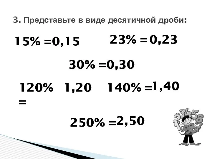 3. Представьте в виде десятичной дроби: 15% = 120% = 23%