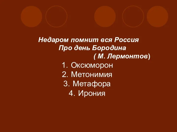 Недаром помнит вся Россия Про день Бородина ( М. Лермонтов) Оксюморон Метонимия Метафора Ирония