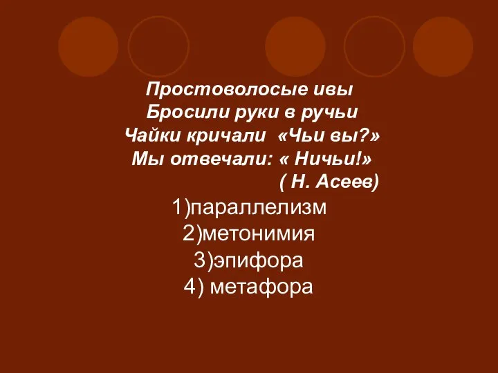 Простоволосые ивы Бросили руки в ручьи Чайки кричали «Чьи вы?» Мы