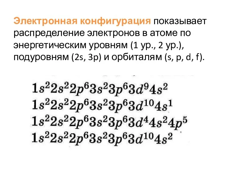 Электронная конфигурация показывает распределение электронов в атоме по энергетическим уровням (1