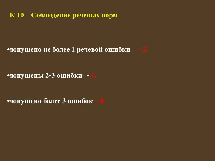 К 10 Соблюдение речевых норм допущено не более 1 речевой ошибки