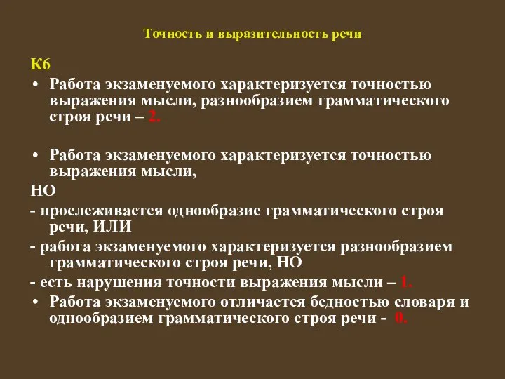 Точность и выразительность речи К6 Работа экзаменуемого характеризуется точностью выражения мысли,