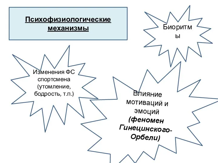 Психофизиологические механизмы Изменения ФС спортсмена (утомление, бодрость, т.п.) Влияние мотиваций и эмоций (феномен Гинецинского-Орбели) Биоритмы