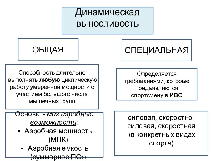 Динамическая выносливость ОБЩАЯ СПЕЦИАЛЬНАЯ Способность длительно выполнять любую циклическую работу умеренной