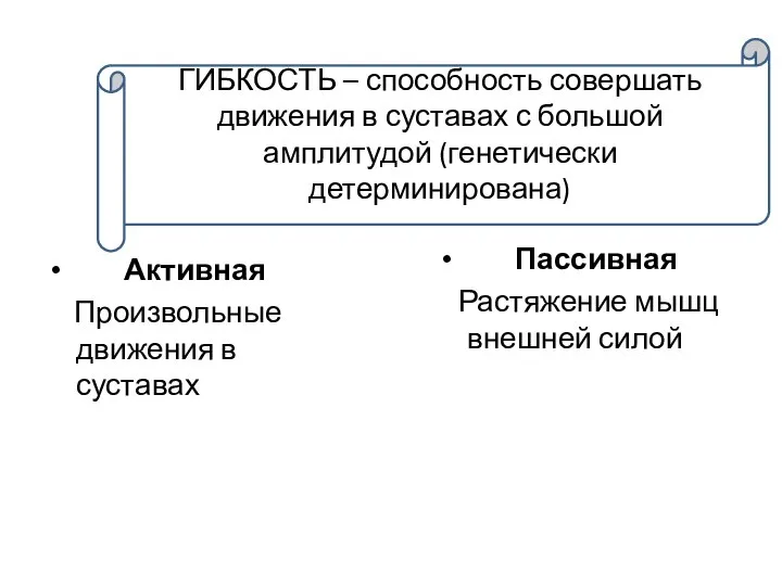 Активная Произвольные движения в суставах Пассивная Растяжение мышц внешней силой ГИБКОСТЬ