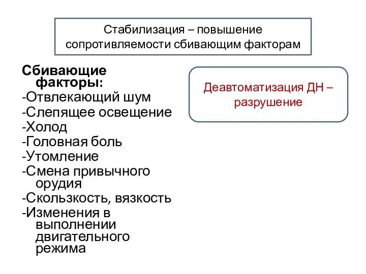 Сбивающие факторы: -Отвлекающий шум -Слепящее освещение -Холод -Головная боль -Утомление -Смена