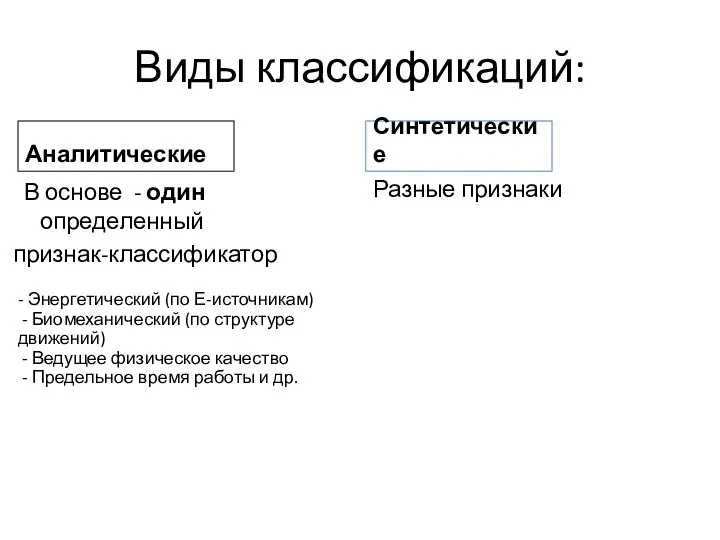 Виды классификаций: Аналитические В основе - один определенный признак-классификатор Синтетические Разные