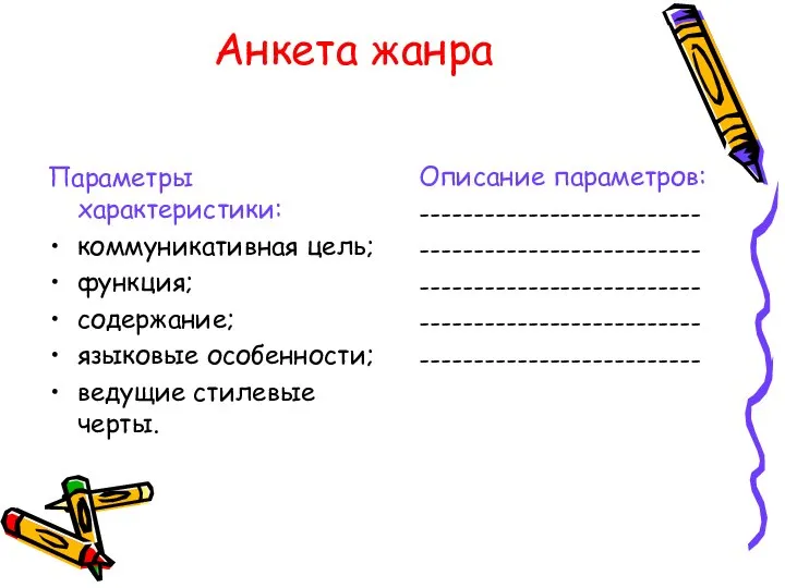 Анкета жанра Параметры характеристики: коммуникативная цель; функция; содержание; языковые особенности; ведущие