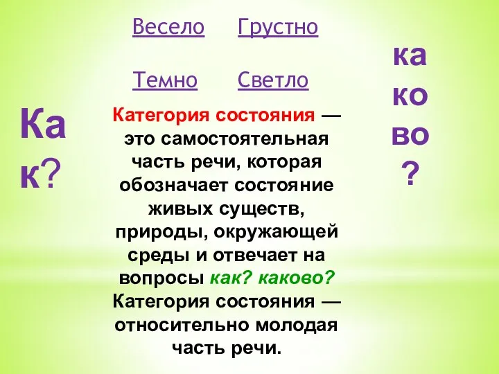 Весело Грустно Темно Светло Категория состояния — это самостоятельная часть речи,