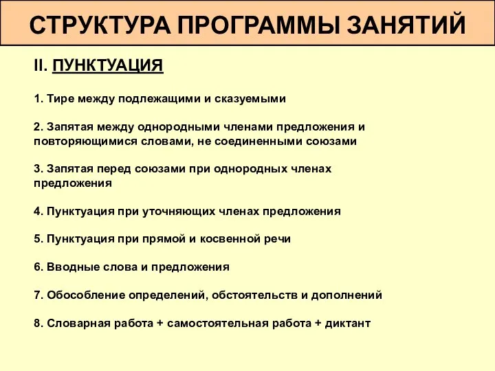 СТРУКТУРА ПРОГРАММЫ ЗАНЯТИЙ II. ПУНКТУАЦИЯ 1. Тире между подлежащими и сказуемыми