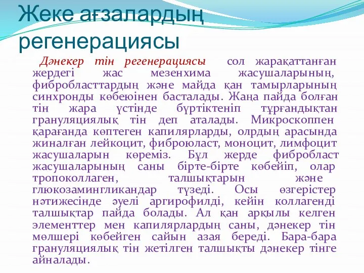 Жеке ағзалардың регенерациясы Дәнекер тін регенерациясы сол жарақаттанған жердегі жас мезенхима