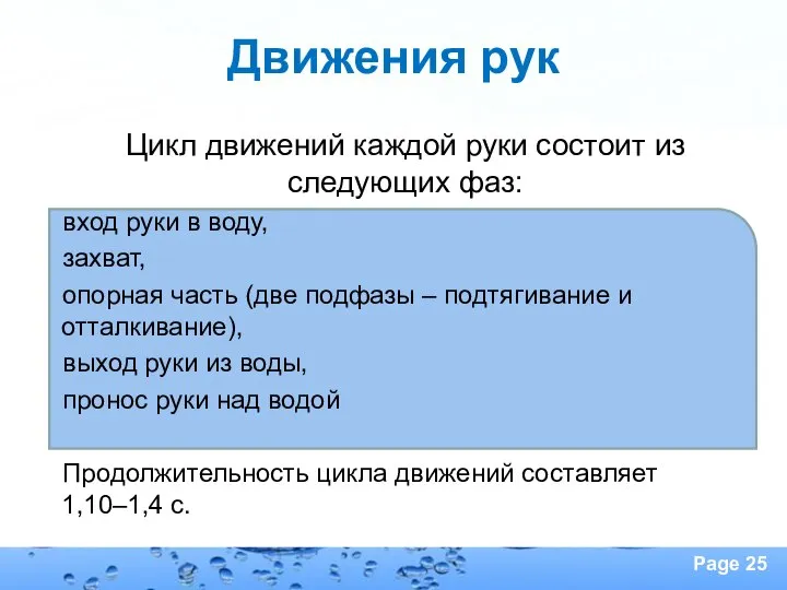 Движения рук Цикл движений каждой руки состоит из следующих фаз: вход