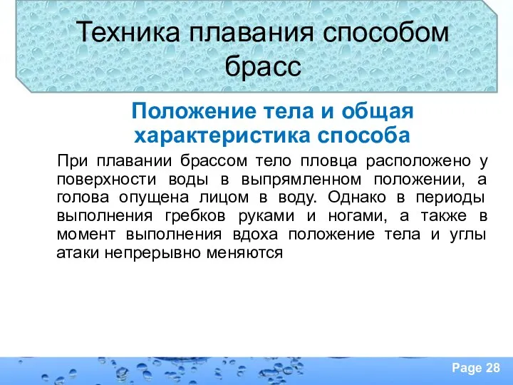 Техника плавания способом брасс Положение тела и общая характеристика способа При