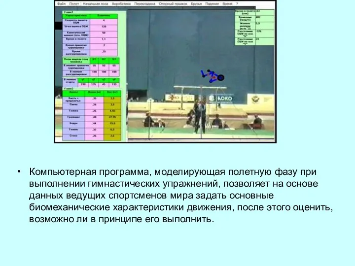 Компьютерная программа, моделирующая полетную фазу при выполнении гимнастических упражнений, позволяет на
